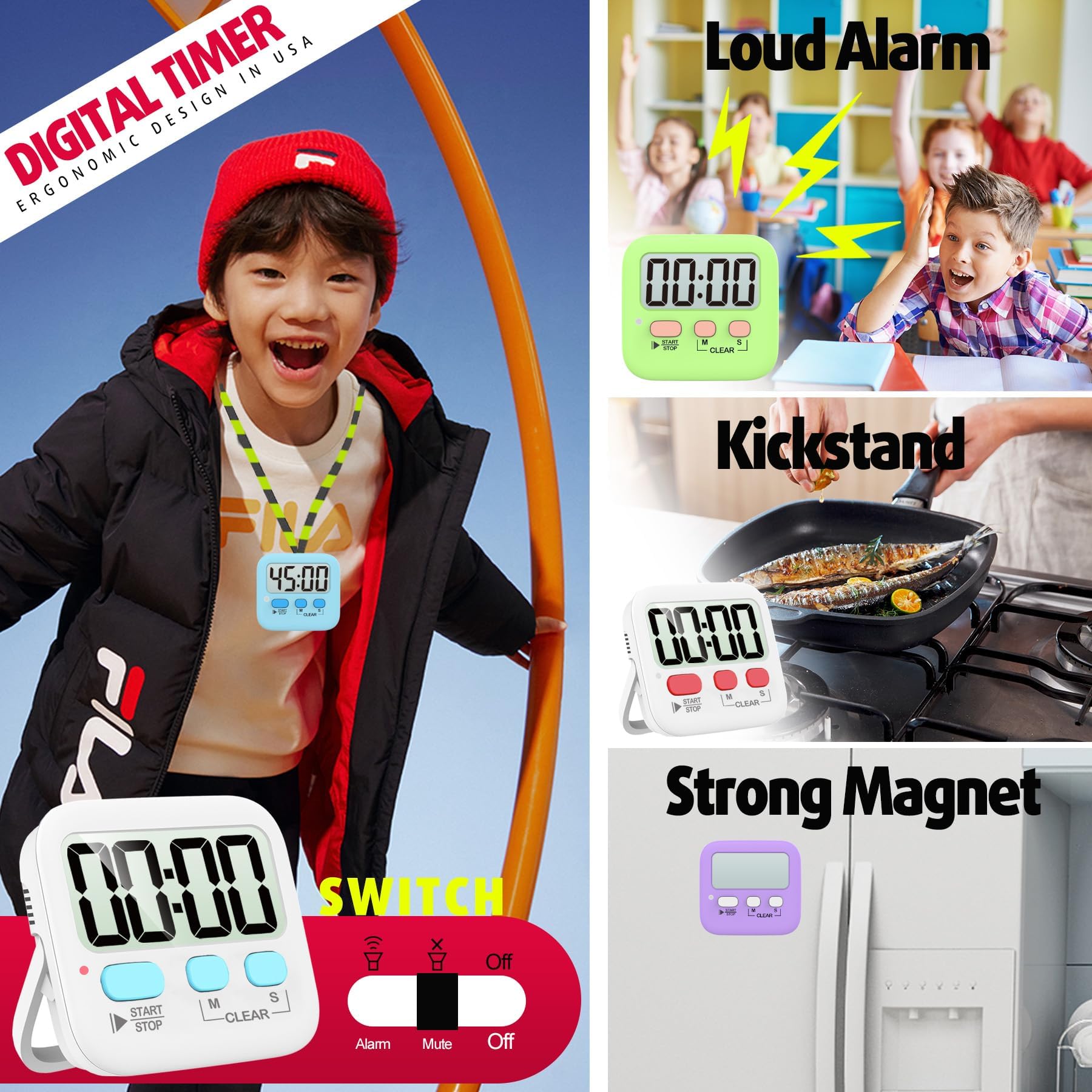 Antonki 2 Pack Digital Timer For Kids, Magnetic Countdown Kitchen Timers For Cooking, Egg, Classroom, Teacher, Exercise, Study,